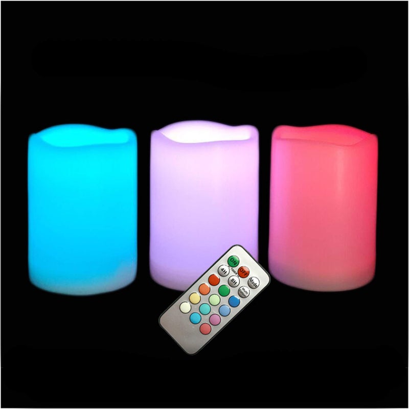 QIDEA Outdoor Waterproof Color Changing Flameless LED Pillar Candles with Remote Battery Operated Plastic Decorative Multi-Color Lights for Halloween Christmas Party Centerpiece Decorations 3"x4" 3pack - Image 1